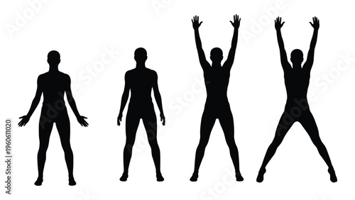 Four silhouettes of a person demonstrating progressive stages of a jumping jack exercise
