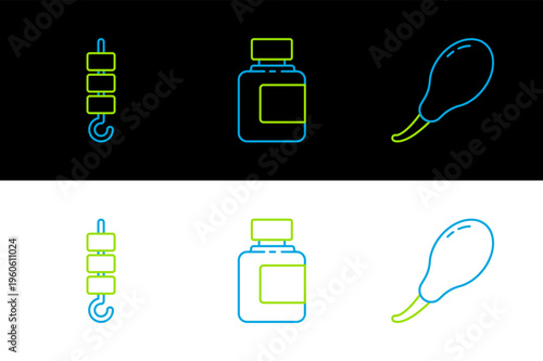 Set line Chicken leg, Grilled shish kebab on skewer stick and Sauce bottle icon. Vector