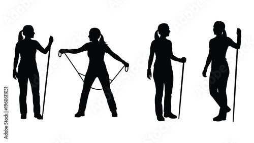 Silhouette illustrations depicting a woman performing various exercises with resistance bands and poles