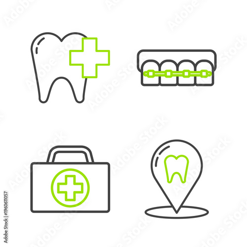 Set line Dental clinic location, First aid kit, Teeth with braces and for dental care tooth icon. Vector