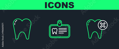 Set line Tooth with caries, and Id card tooth icon. Vector