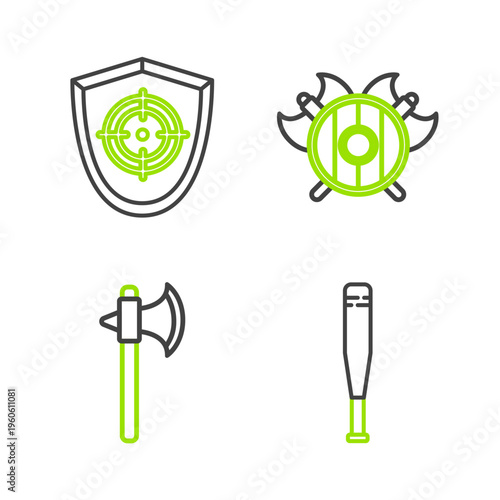 Set line Baseball bat, Medieval axe, shield with crossed axes and Target sport icon. Vector