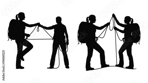 Silhouettes of people demonstrating a rope course or trust exercise outdoors