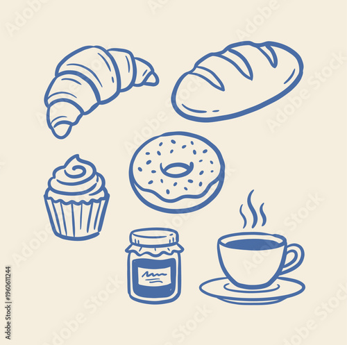 Assortment of breakfast pastries including a croissant, bread loaf, donut, cupcake, jam jar, and steaming coffee cup.