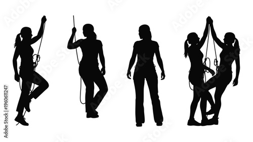 Silhouettes of women rappelling and climbing with ropes against a white background
