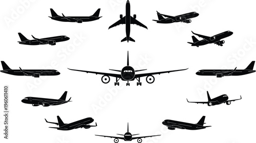 Black airplane silhouettes collection, commercial passenger jets, various angles, front, side, top, aviation icons, air travel, flight transport vector design