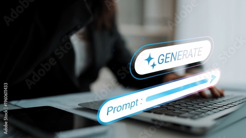 Fotografia Business professional engaged in creative technology with digital interface displaying generate prompt on modern laptop in office setting