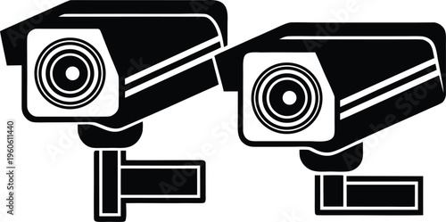 Two security cameras depicted in a stark black and white silhouette