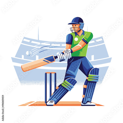 Professional cricket batsman player in green uniform hitting a ball in the stadium.