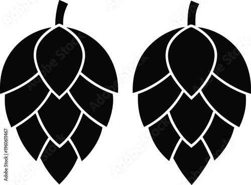 Two black hop cones displayed side by side a striking silhouette