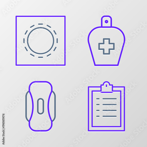 Set line Clipboard with checklist, Sanitary napkin, Bottle of liquid antibacterial soap and Condom package safe sex icon. Vector