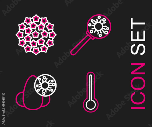 Set line Medical thermometer, Runny nose and virus, Virus under magnifying glass and icon. Vector