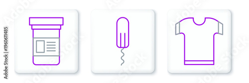 Set line T-shirt, Medicine bottle and Sanitary tampon icon. Vector