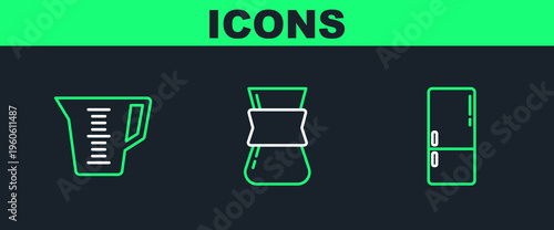 Set line Refrigerator, Measuring cup and Coffee turk icon. Vector