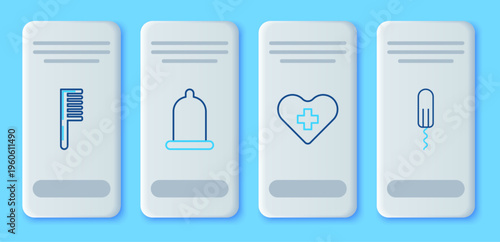 Set line Condom, Heart with a cross, Hairbrush and Sanitary tampon icon. Vector