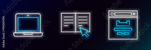 Set line Browser window, Laptop and Online book icon. Glowing neon. Vector