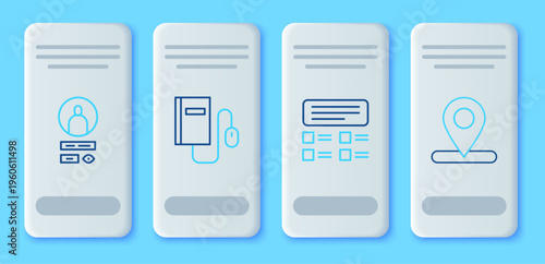 Set line Electronic book with mouse, Online quiz, test, survey, Create account screen and Location icon. Vector