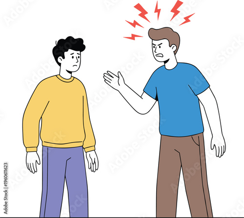 Cartoon people arguing with angry gestures and lightning symbols in colorful vector conflict and communication illustration