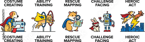 A row of cute animal characters are depicted performing heroic and challenging tasks, including costume creation and rescue mapping.