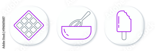 Set line Ice cream, Waffle and Kitchen whisk and bowl icon. Vector