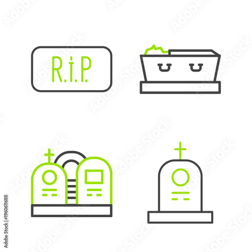 Set line Grave with tombstone, Coffin dead and Speech bubble rip death icon. Vector