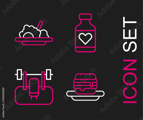 Set line Junk food, Bench with barbel, Vitamin pill and Healthy icon. Vector
