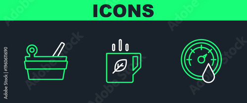 Set line Sauna thermometer, bucket and ladle and Cup of tea leaf icon. Vector