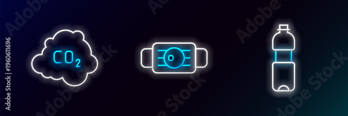 Set line Bottle of water, CO2 emissions in cloud and Medical protective mask icon. Glowing neon. Vector