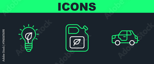 Set line Car, Light bulb with leaf and Bio fuel canister icon. Vector
