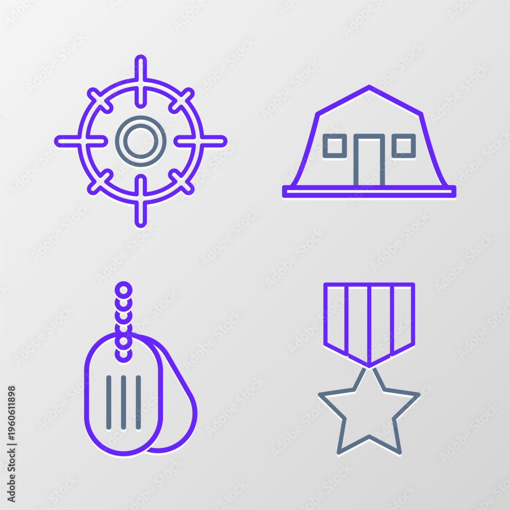 Fototapeta premium Set line Military reward medal, dog tag, barracks and Target sport icon. Vector