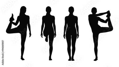 Four silhouettes of women demonstrating different yoga poses against a white background