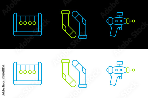Set line Ray gun, Pendulum and Socks icon. Vector