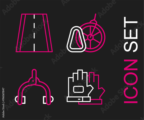 Set line Gloves, Bicycle brake calipers, parking and lane icon. Vector
