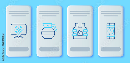 Set line Hand grenade, Bulletproof vest, Target sport and Dynamite timer clock icon. Vector