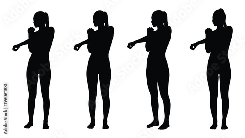 Silhouette series depicting a woman practicing boxing or martial arts movements
