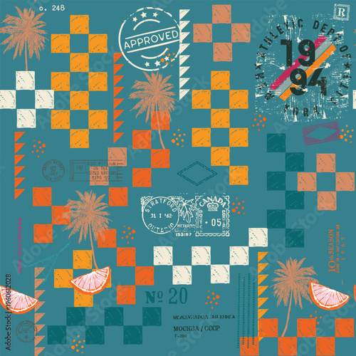 Seamless vintage surf collage pattern. Retro 90s streetwear background with palm trees, citrus slices, and grunge travel stamps. Distressed summer textile design.