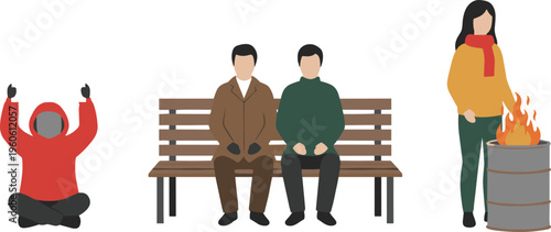 Cartoon people in winter clothing warming by fire in colorful vector illustration of cold weather lifestyle