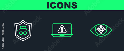 Set line Eye scan, Incognito mode and Laptop with exclamation mark icon. Vector