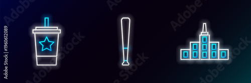 Set line City landscape, Paper glass with straw and Baseball bat icon. Glowing neon. Vector