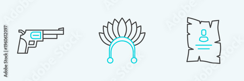 Set line Wanted western poster, Revolver gun and Indian headdress with feathers icon. Vector