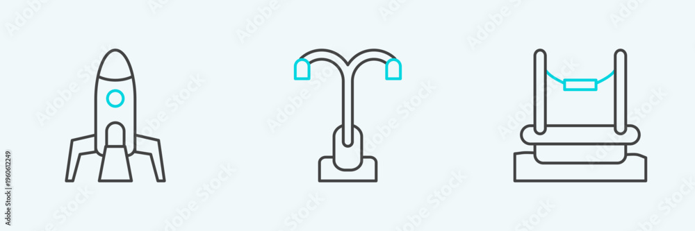 Fototapeta premium Set line Bungee, Rocket ship and Street light icon. Vector