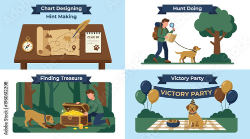 A collection of four adventure-themed cartoon illustrations depicts a man and dog engaging in treasure hunting activities.