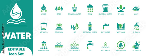 Water Solid icon set. splash, shower, wave, set, collection, tap, rain, drinking water, and icons.
