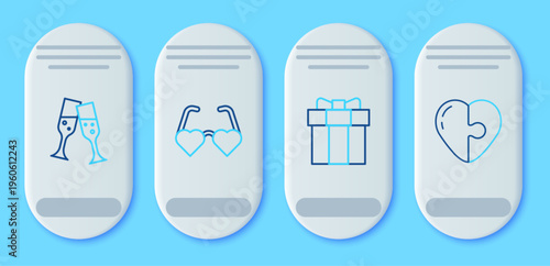 Set line Heart shaped love glasses, Gift box, Glass of champagne and icon. Vector