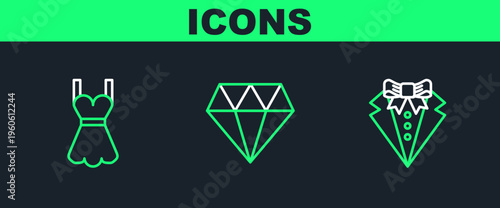 Set line Suit, Woman dress and Diamond icon. Vector