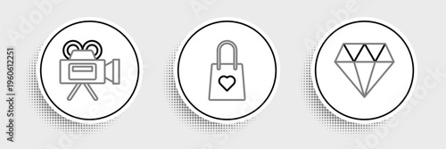 Set line Diamond, Cinema camera and Shopping bag with heart icon. Vector
