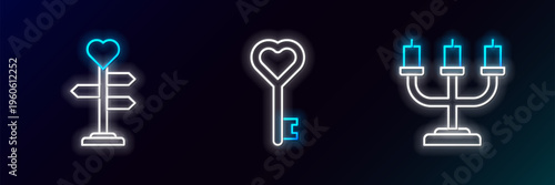 Set line Candlestick, Signpost with heart and Key in shape icon. Glowing neon. Vector