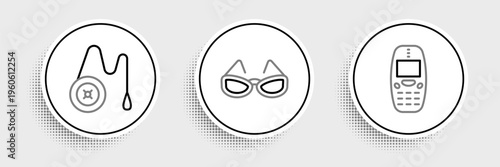 Set line Old mobile phone, Yoyo toy and Glasses icon. Vector