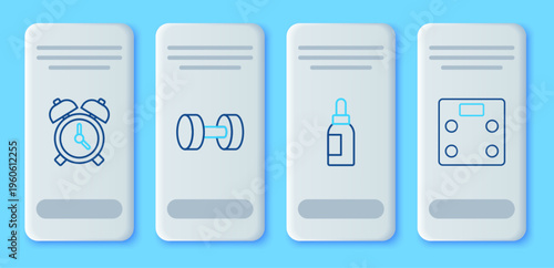 Set line Dumbbell, Essential oil bottle, Alarm clock and Bathroom scales icon. Vector