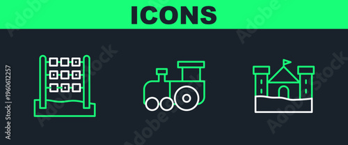 Set line Sand castle, Tic tac toe game and Toy train icon. Vector
